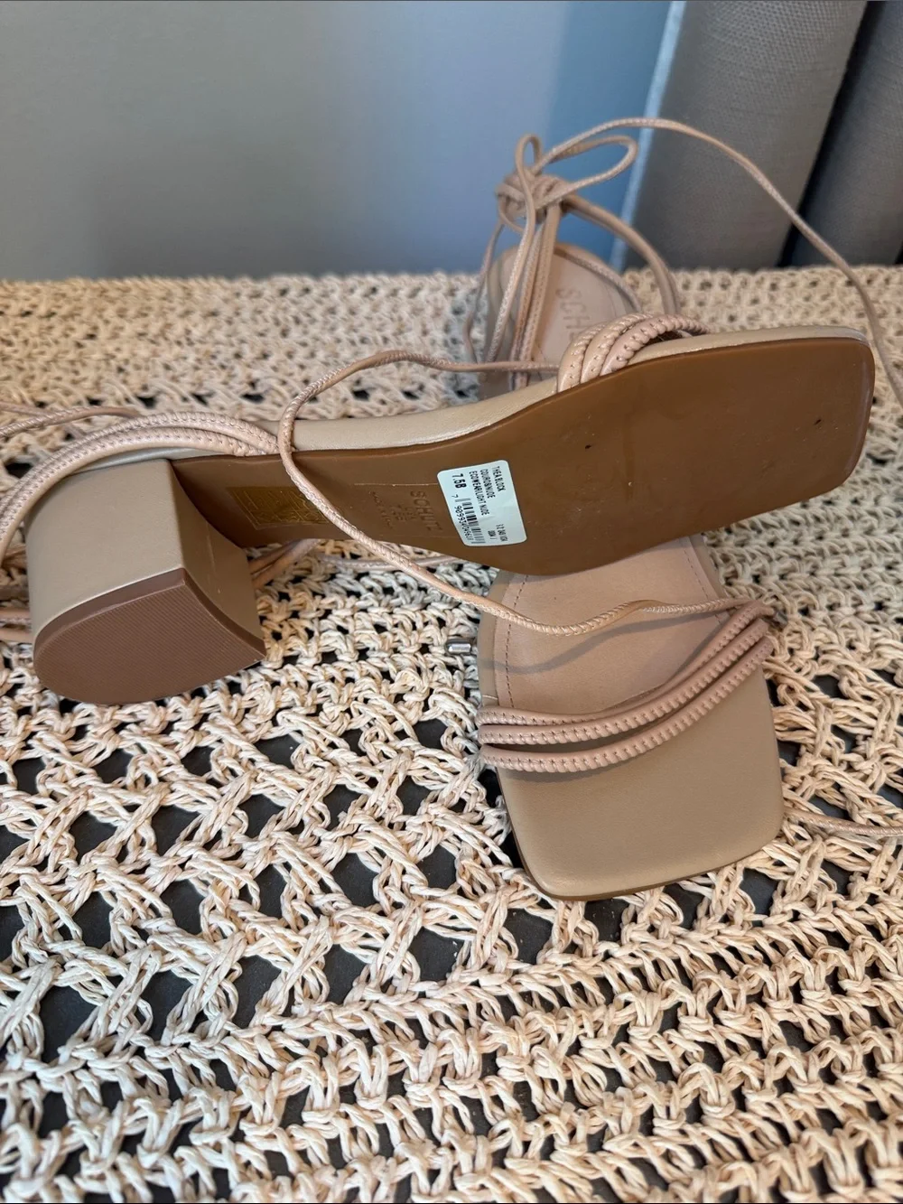 SCHUTZ Nude Lace-Up Square Toe Block Heel Sandals